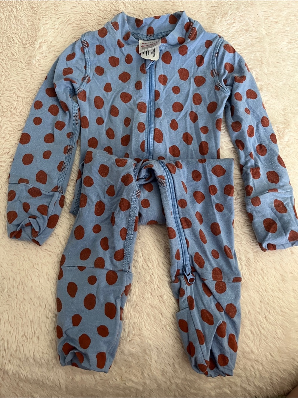 Hanna Andersson Light Blue Footed One-Piece with Brown Polka Dots